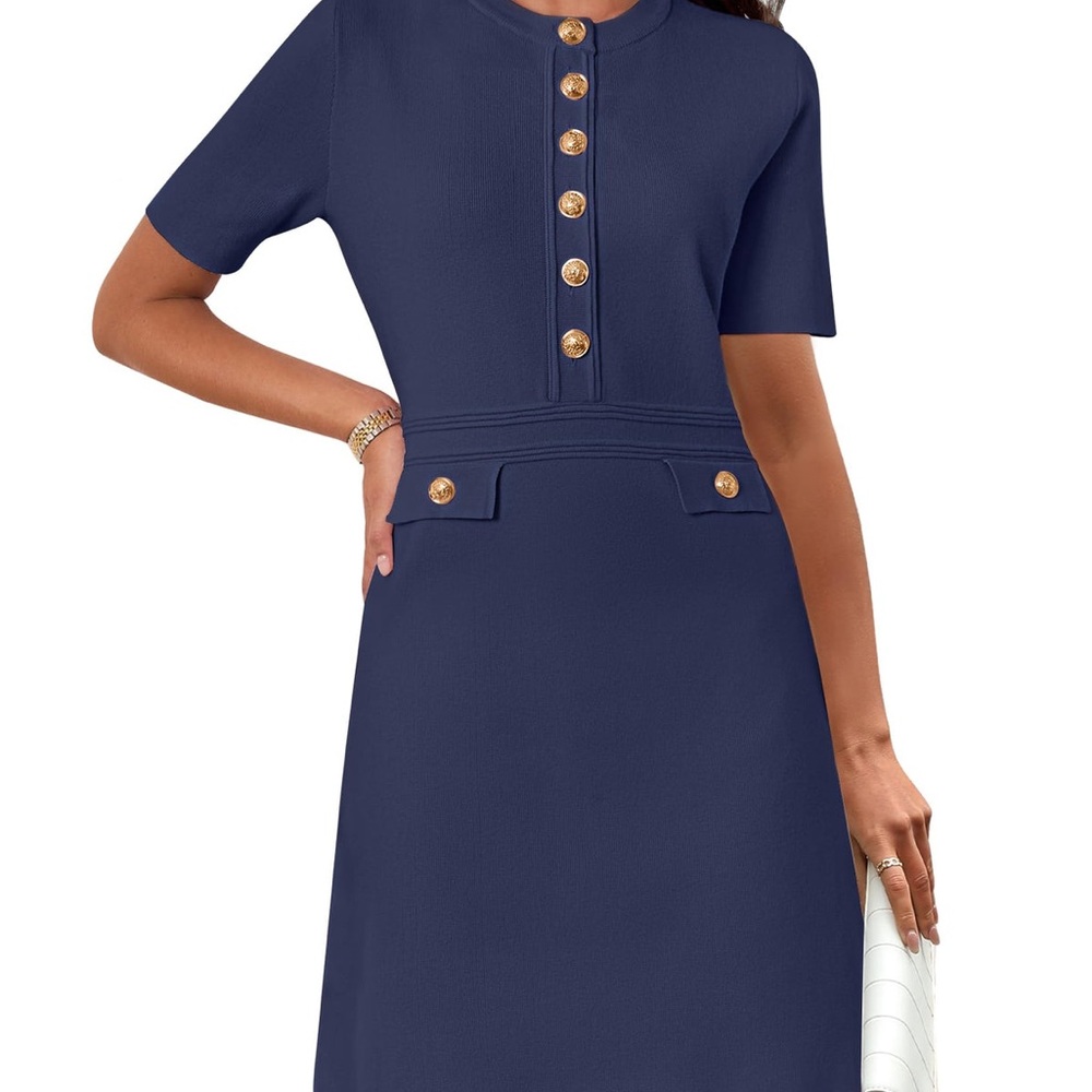 Elegant Navy Blue Dress with Gold Accents